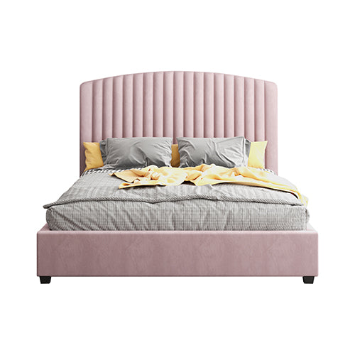 King Single Size Bed Frame with Pink Velvet Upholstery and High Headboard