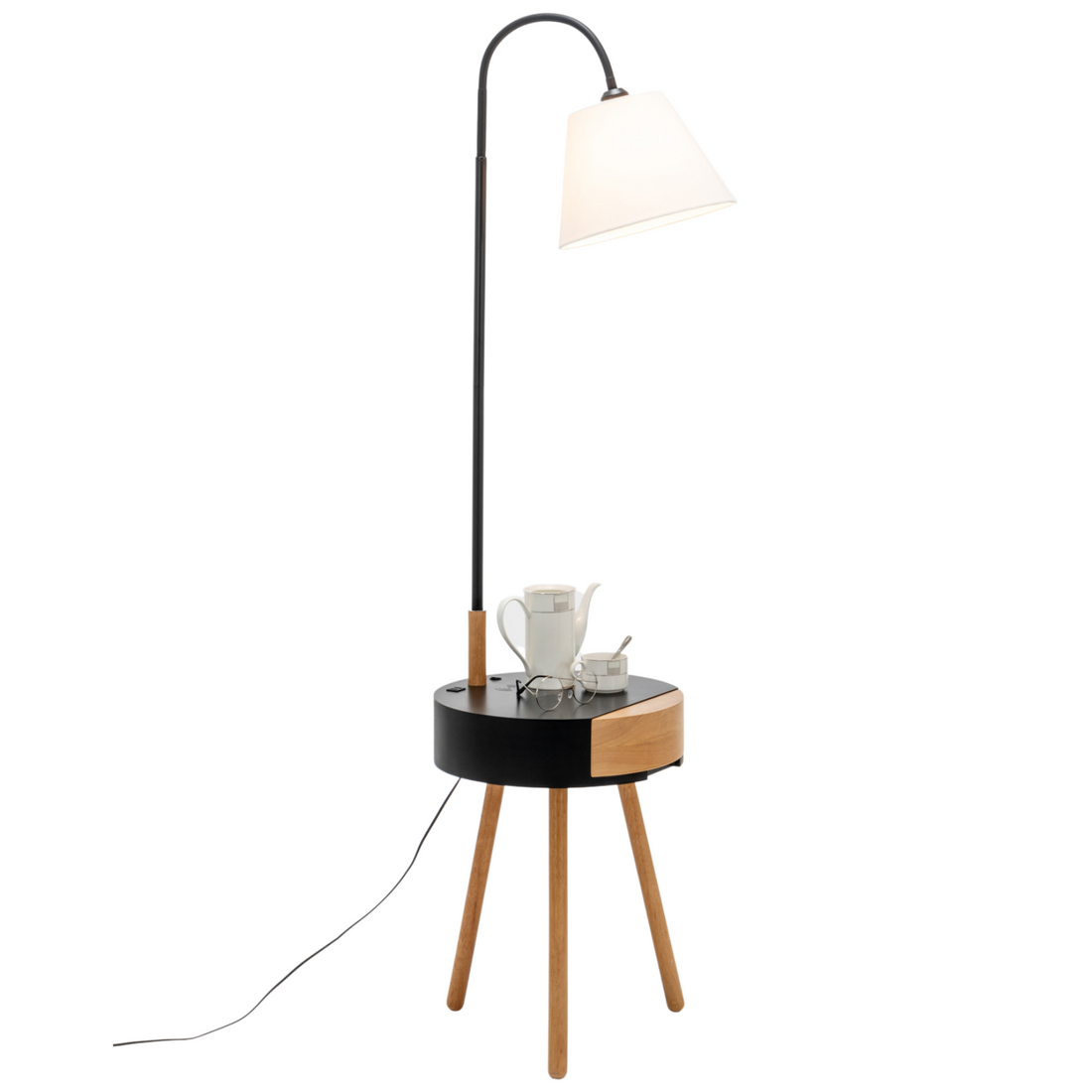 Tripod Lamp Shelf Storage Drawer Bed Side Table Light w/ USB Charger - Black-Home & Garden > Lighting > Floor Lamps-Nomica Living