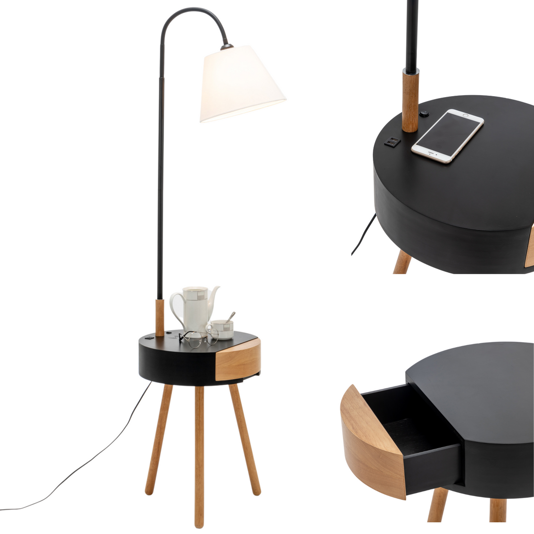 Tripod Lamp Shelf Storage Drawer Bed Side Table Light w/ USB Charger - Black-Home & Garden > Lighting > Floor Lamps-Nomica Living