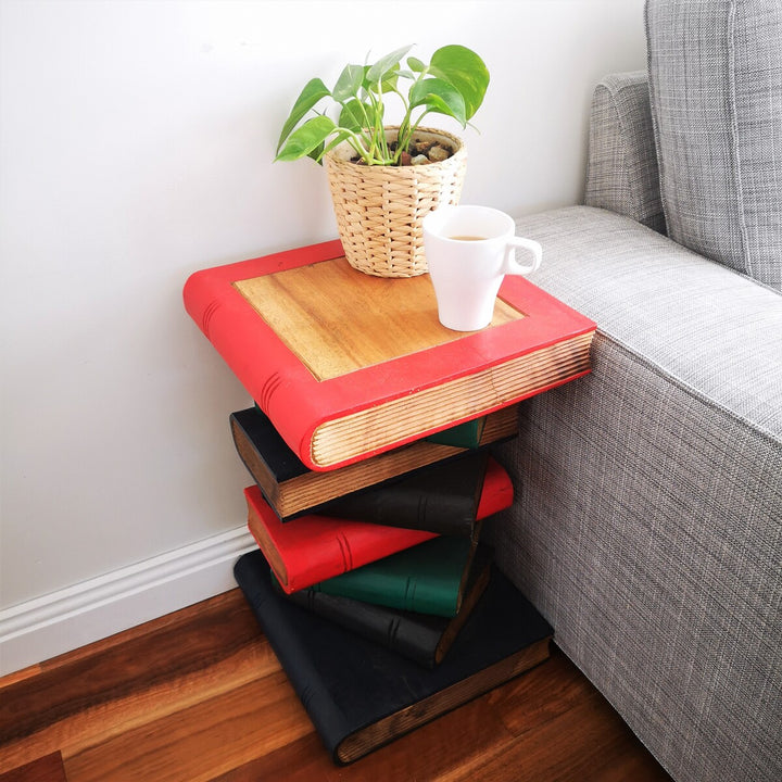 Antique Finish Raintree Wood Side Table – Book Stack Design