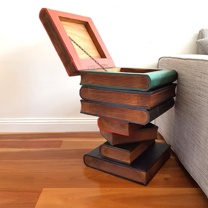 Raintree Wood Side Table – Book Stack Design with Storage