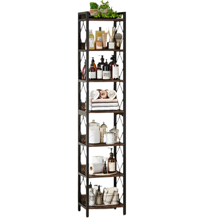 Rustic Brown 200 cm Extra Tall 7-Tier Skinny Bookcase