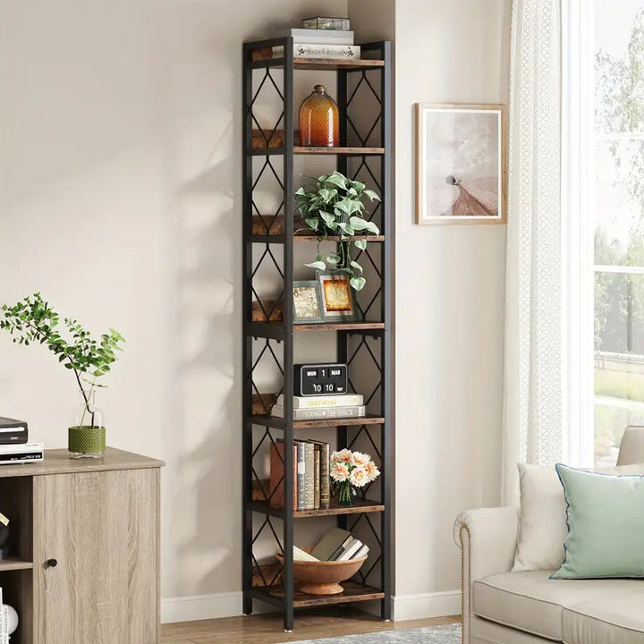 Rustic Brown 200 cm Extra Tall 7-Tier Skinny Bookcase