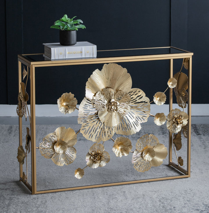 Gold Mirrored Art Deco Console Table with 3D Floral Design-Furniture > Living Room > Side Tables-Nomica Living