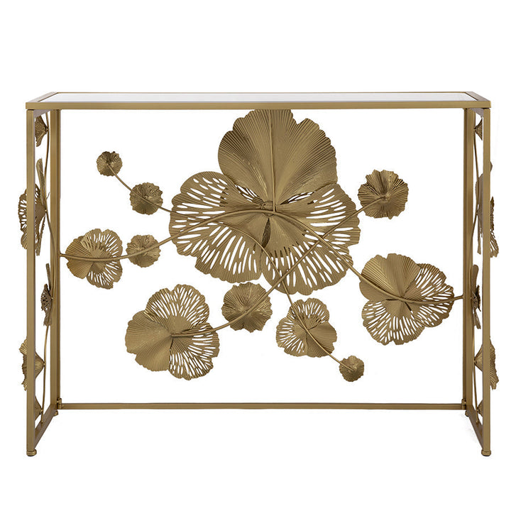 Gold Mirrored Art Deco Console Table with 3D Floral Design-Furniture > Living Room > Side Tables-Nomica Living