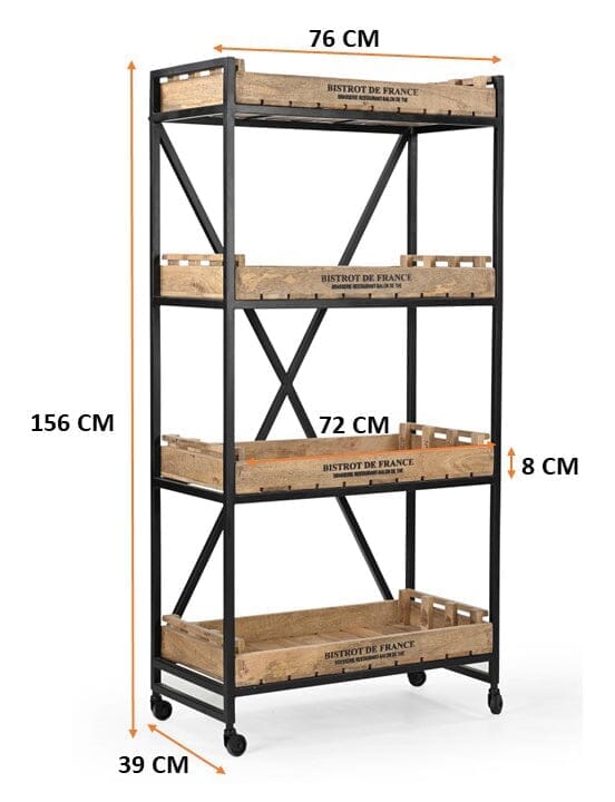 Industrial Bistrot de France Bookcase on Wheels